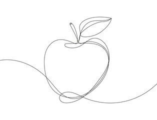continuous line drawing of an apple. The design is minimalistic, created using a single line to capture the iconic shape of the apple in a simple yet elegant form.