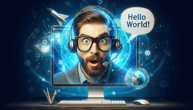 Auf einem Tisch steht ein Bildschirm, ein Mann streckt seinen Kopf heraus, er tr&auml;gt ein Headset und eine Brille, eine Sprechblase mit Hello World ist zu sehen