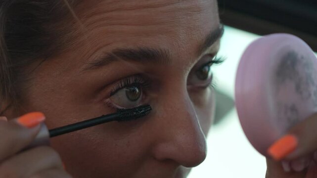 Woman Mascara Makeup Closeup Applying Makeup Mirror