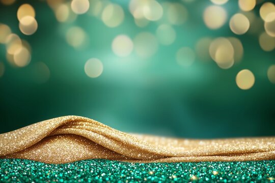A glowing golden background with Christmas light decorations against a new year night background. Gold confetti bokeh ornaments and Xmas ornaments. Christmas glowing golden decor.