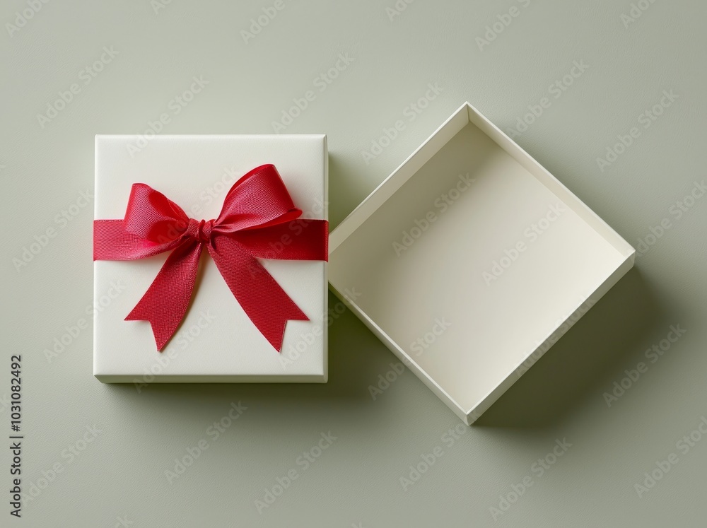 Poster the top view of a white present box tied with a red ribbon bow on a dark red background with minimal