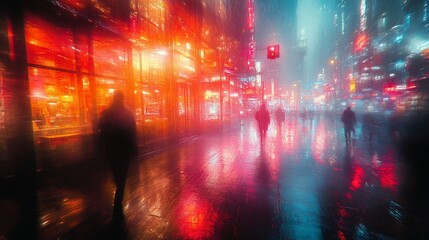 People walking in a city street at night with blurry lights and reflections in the rain.
