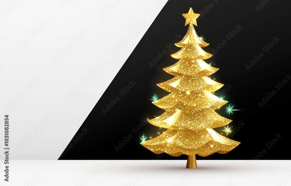 Poster yellow transparent background with a star sparkle particle on a christmas tree