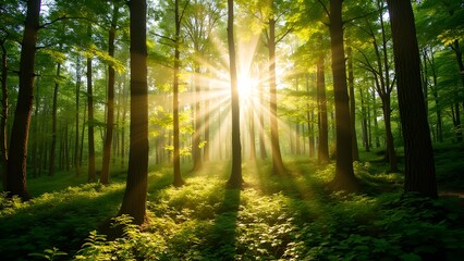 Obraz premium Sunlight Streaming Through a Lush Green Forest