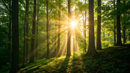 Obraz premium Sunlight Filtering Through Lush Green Forest Trees