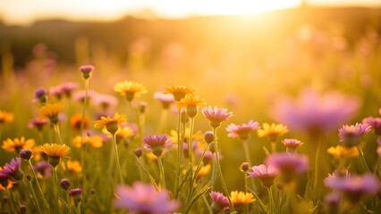 Obraz premium Vibrant Wildflower Field at Sunset Glow