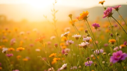 Naklejka premium Vibrant Wildflowers in a Sunlit Field