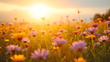 Fototapeta premium Vibrant Wildflower Field at Sunset Glow
