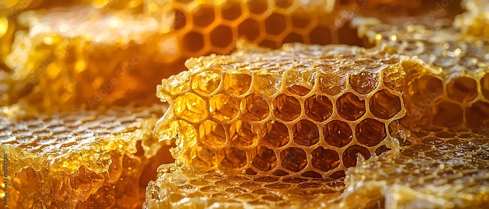Poster close-up of honeycomb, showcasing the intricate hexagonal structure and golden color of this natural