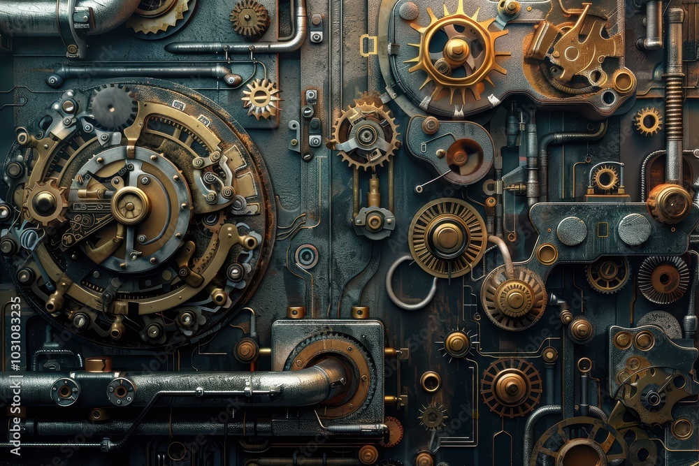 Poster intricate arrangement of vintage gears and mechanical components on a dark metal surface showcasing 