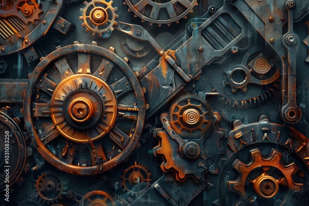 Poster intricate arrangement of vintage gears and mechanical components on a dark metal surface showcasing 