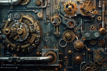 Intricate arrangement of vintage gears and mechanical components on a dark metal surface showcasing the artistry in machinery and engineering design