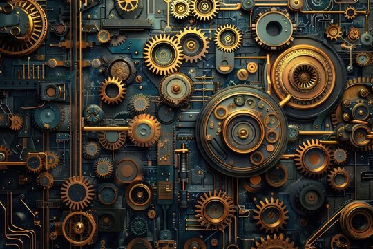 Intricate arrangement of vintage gears and mechanical components on a dark metal surface showcasing the artistry in machinery and engineering design - Powered by Adobe