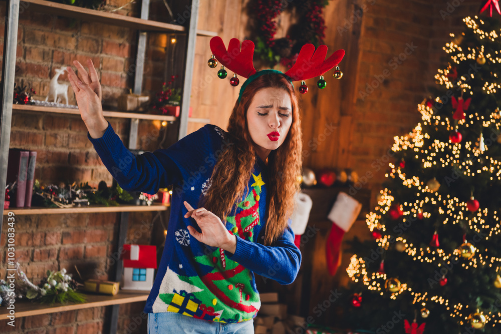 Poster Photo of cheerful positive good mood girl wear blue sweater have fun dance new year theme party indoors