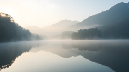 Obraz premium Serene Water Reflection in Misty Mountains