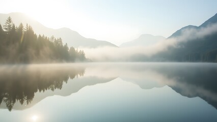 Serene Water Reflection in a Misty Mountain Landscape