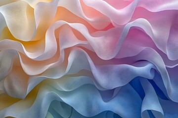 Fototapeta premium Soft, flowing fabric in shades of yellow, pink, and blue creates an abstract, colorful background.