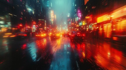 Fototapeta premium A rainy night in the city with blurred lights reflecting on wet asphalt.