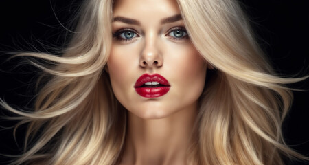 Fototapeta premium Close-up portrait of an elegant blonde woman with flowing hair and striking red lipstick, exuding confidence and glamour against a solid background.