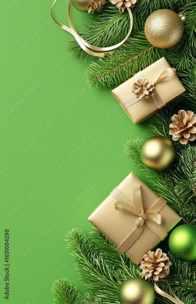Poster frame decorations in gold color on dark green background with empty copy space for text. holiday and