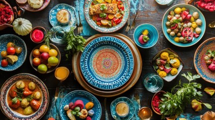 Fototapeta premium A table set with various colorful dishes and plates, with a centerpiece of a decorative plate.