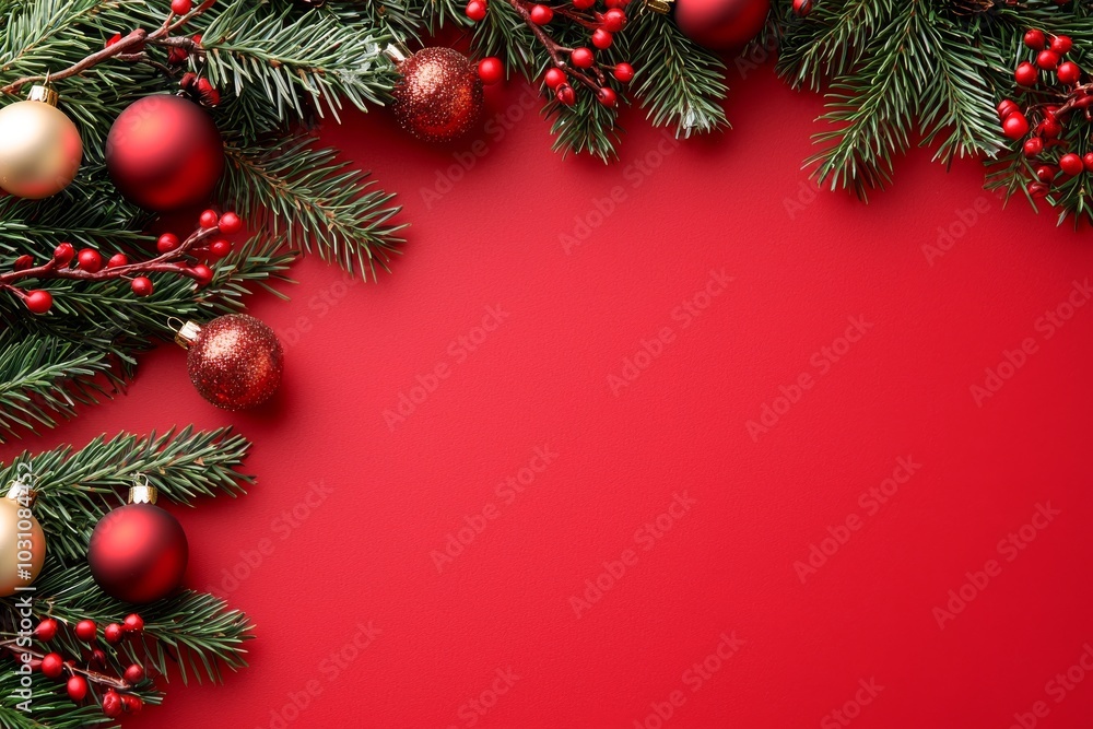 Poster a flat lay of fir branches with decorated christmas trees on a red background. you can add any text 