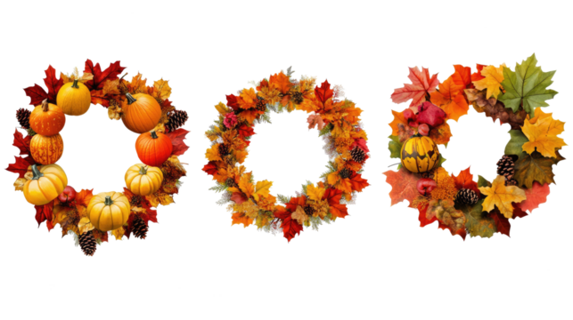 Colorful Autumn Wreaths Arranged Creatively on a White Background Generative AI