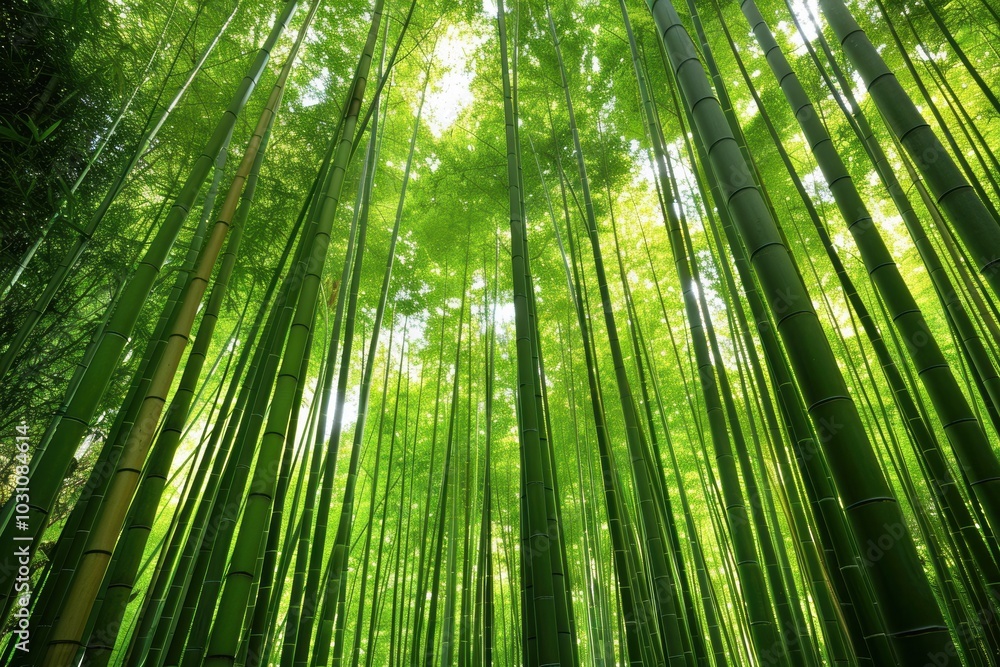 Poster exploring a tranquil bamboo forest with towering green stalks reaching toward the sun in a serene na