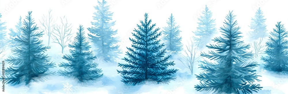 Poster flowing pattern with foggy spruce forest. isolated fir trees.