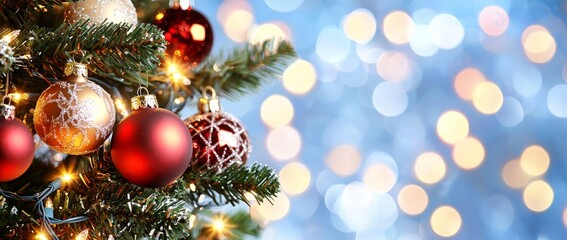 Obraz premium Bokeh lights and Christmas Tree with ornaments on snowy background