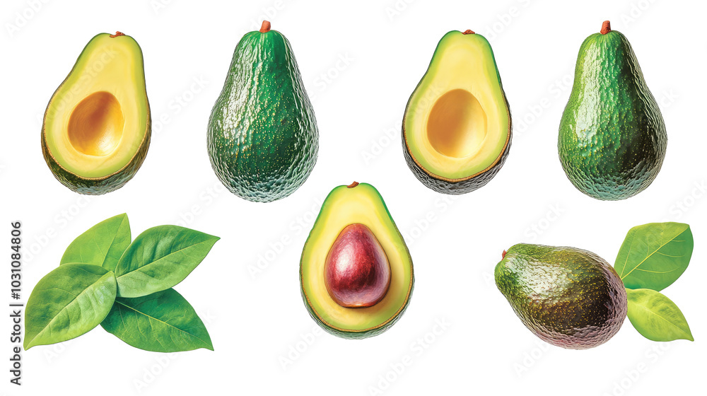 Poster fresh avocados in various stages isolated on a white background generative ai