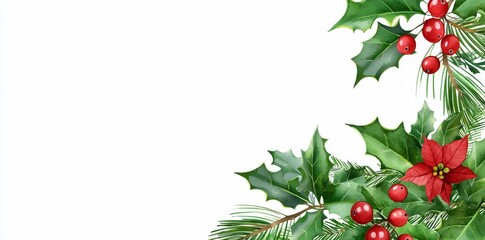 Vertical arrangement with holly berries, spruce, and pine cones in watercolors for Christmas
