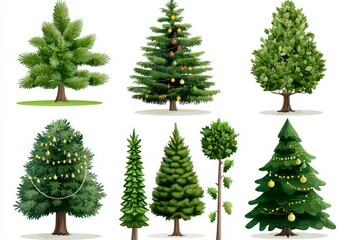 Fototapeta premium Set of colorful Christmas trees isolated on a white background, for holiday Xmas and new year celebrations. An illustration of modern Christmas trees.