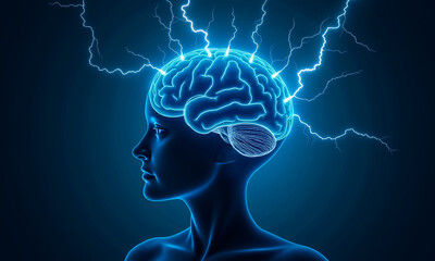 A person is shown with lightning bolts coming out of their head, symbolizing stress, anxiety, and mental strain. The dark background implies a storm cloud of negative emotions. 