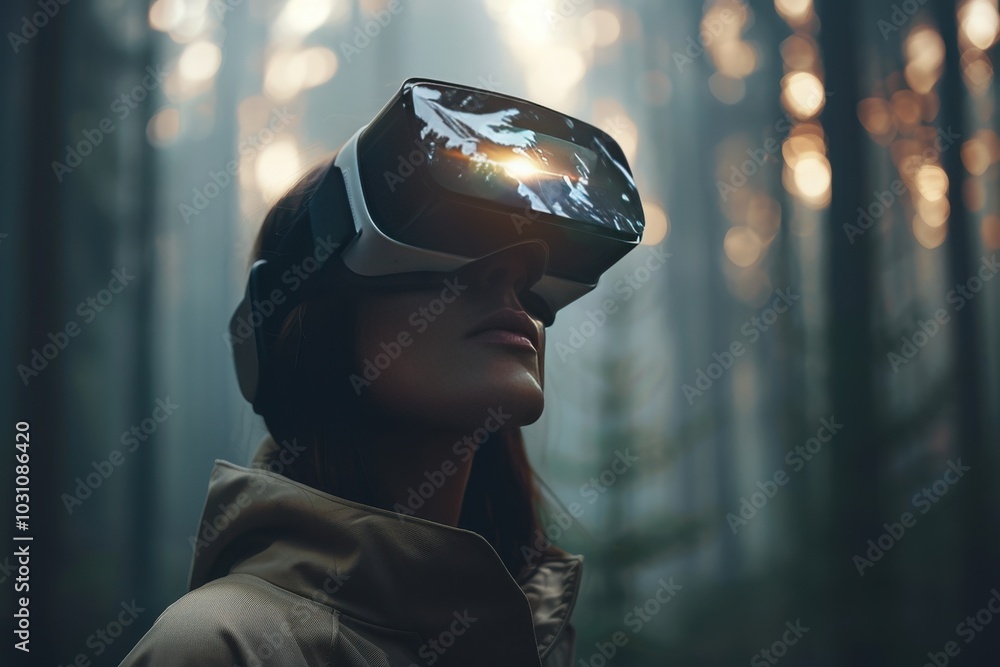 Aufkleber a person experiences virtual reality with a high-tech headset while immersed in a futuristic environ