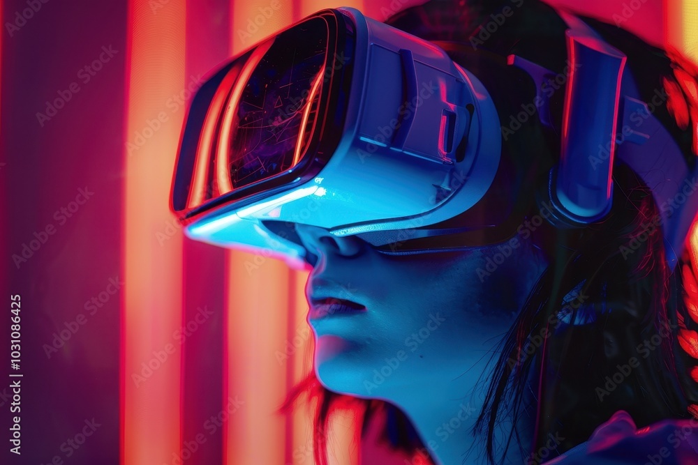 Poster A person experiences virtual reality with a high-tech headset while immersed in a futuristic environment during a captivating session