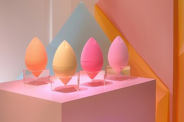 Colorful makeup sponges displayed on a chic pedestal in a modern beauty store during a vibrant promotional event