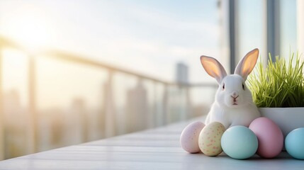 A cute little white bunny sits beside a vibrant cluster of colorful Easter eggs in a beautiful cityscape backdrop.