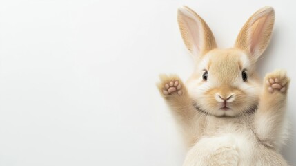 Obraz premium An adorable brown bunny with fluffy fur and paws raised high, set against a clean and bright white background for Easter lovers