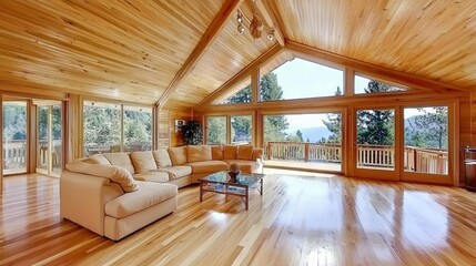 Cozy Wooden Cabin Interior with Mountain View and Fireplace