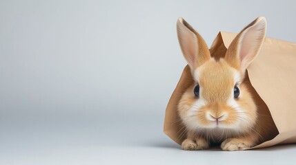 Obraz premium Adorable small brown rabbit curiously peeking out of a crumpled paper bag on a clean white background.