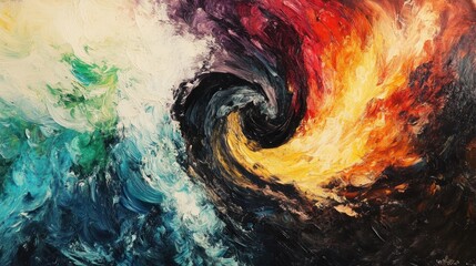Abstract oil painting with a swirling vortex of color.