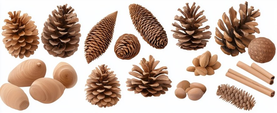An isolated collection of small pinecones for decoration of a Christmas tree.
