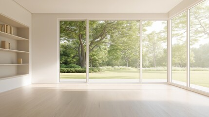 Bright airy home interior with lush garden view through floor to ceiling glass windows and doors