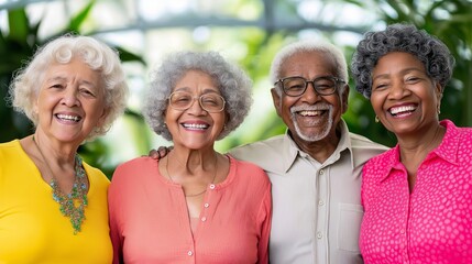 Cheerful elderly multiethnic group of friends happily embracing and smiling together in a warm studio setting