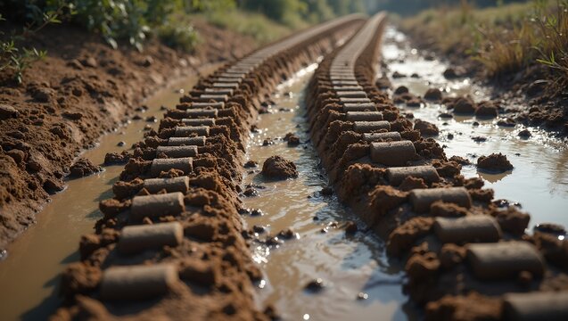 Heavy machinery tracks in muddy ground with water splashes