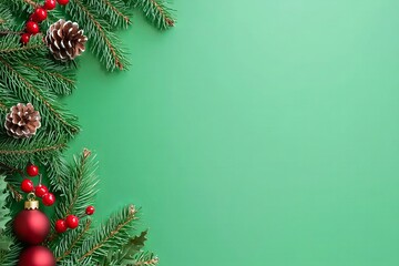On a green isolated background with empty space, a big present box is seen with green and red baubles, a gold star ornament, pine cones, mistletoe berries, snow, and fir branches.