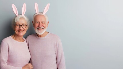 Joyful elderly couple celebrating Easter in style, wearing playful bunny ears against a gray background in a cheerful studio shot