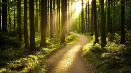 Fototapeta premium Golden sunlight is illuminating a winding dirt path through a lush green forest