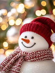 Christmas greeting card with a snowman standing in a winter landscape. Background with snow.